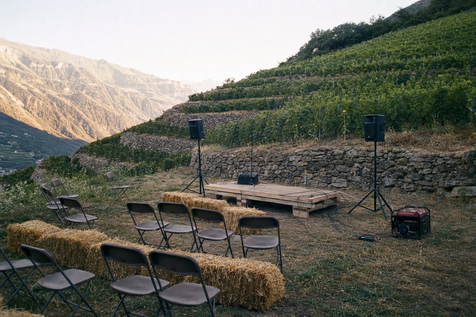 Petite scène temporaire installée sur une terrasse de vignoble dans une vallée alpine