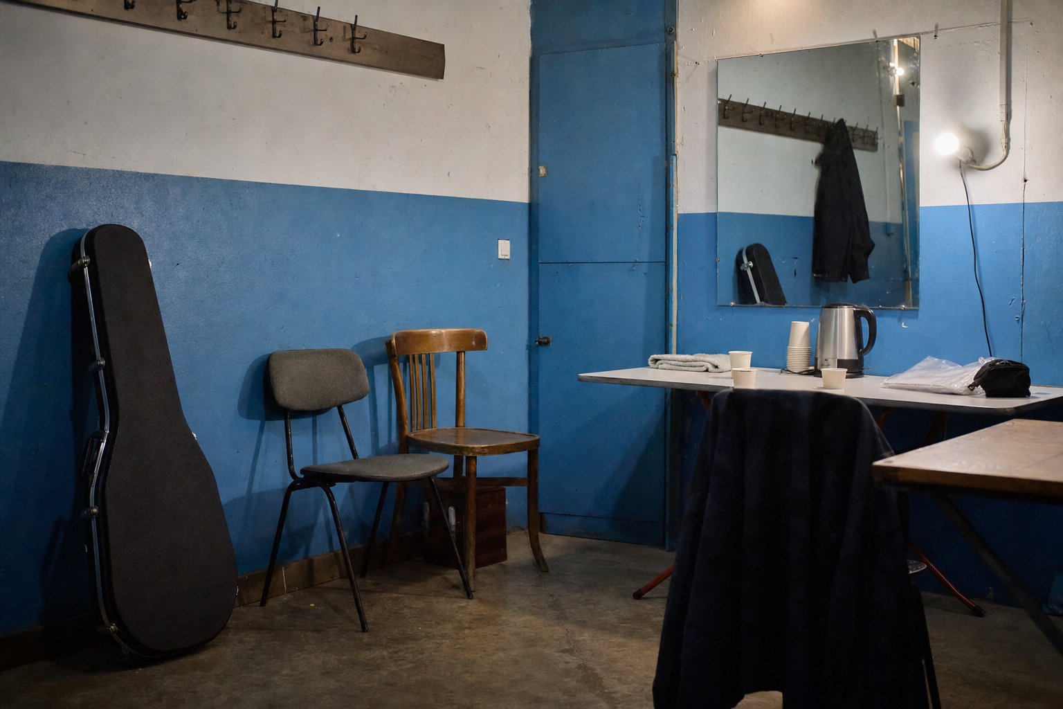 Loge improvisée derrière la scène, miroir, chaises dépareillées et étui de guitare fermé
