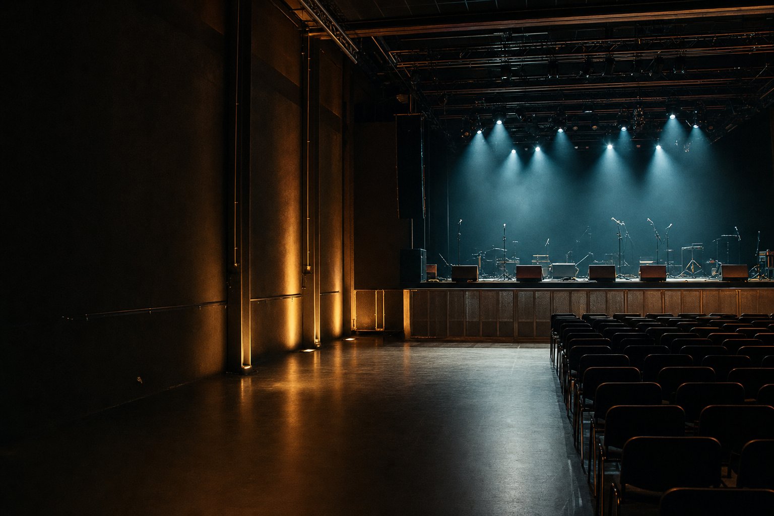 Salle de concert vide vue depuis le fond du parterre, avant l’ouverture des portes