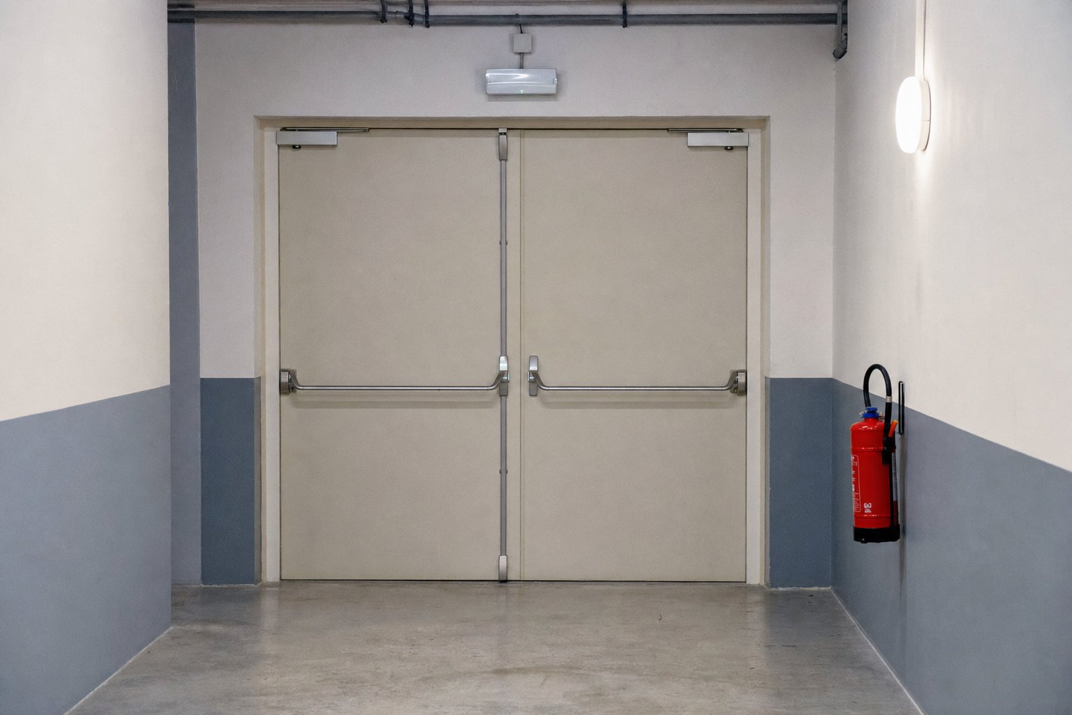 Portes de secours à barre anti-panique au fond d’un couloir de salle publique