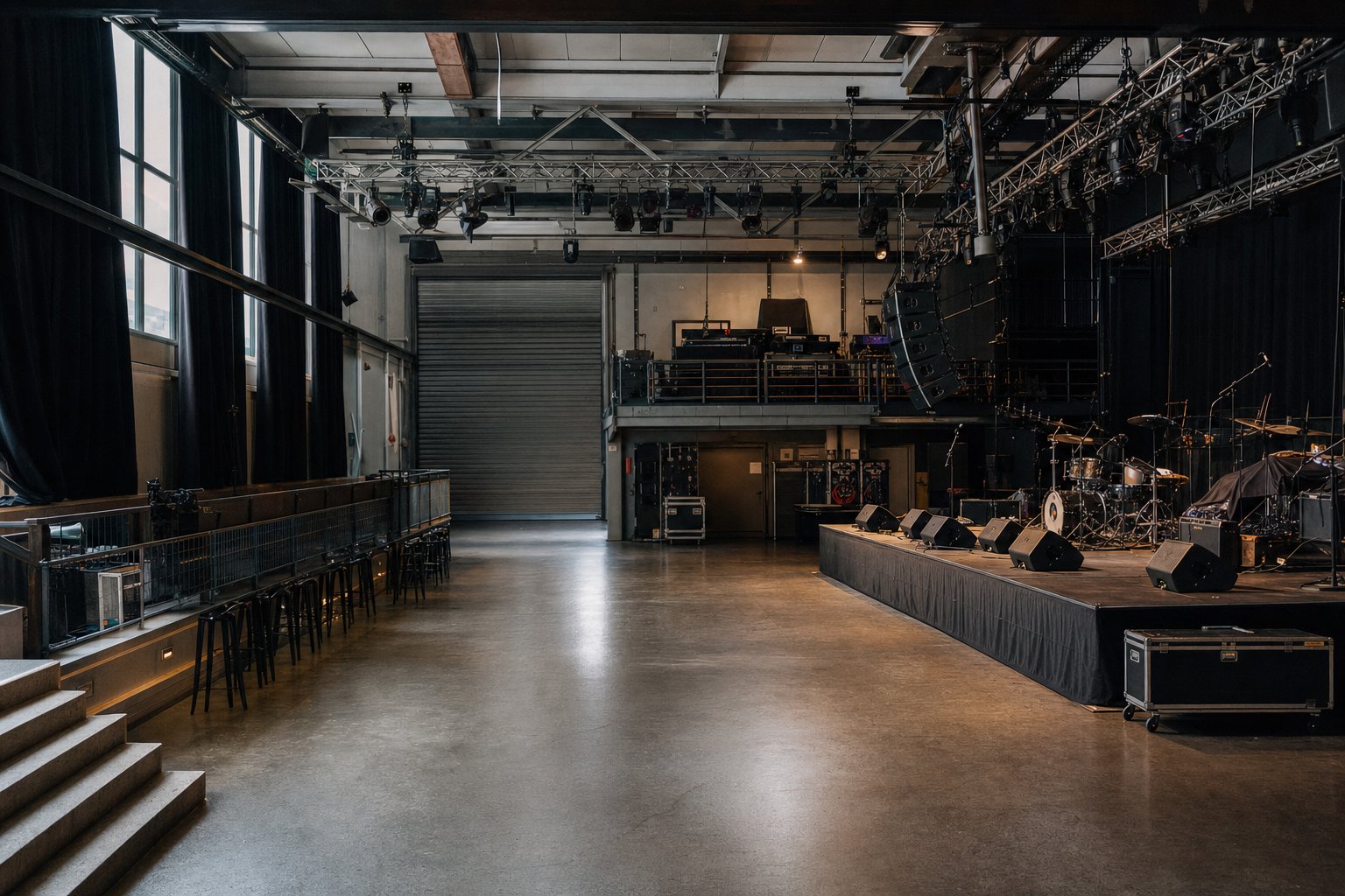 Salle de musiques actuelles vide dans un entrepôt reconverti, scène large et pont d’éclairage
