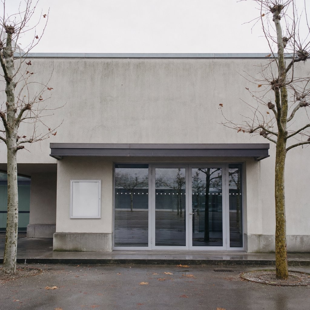 Façade d’une salle de spectacle en fin de journée, portes fermées